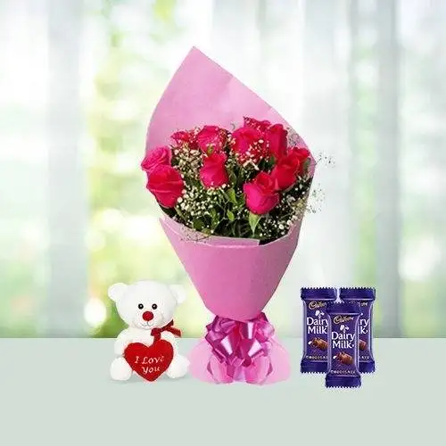 Pink Roses Bunch with Soft Toy