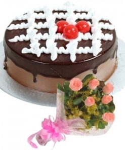 Chocolate Cake with Pink Bouquet
