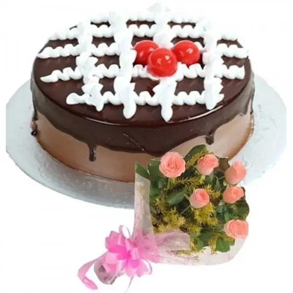 Chocolate Cake with Pink Bouquet