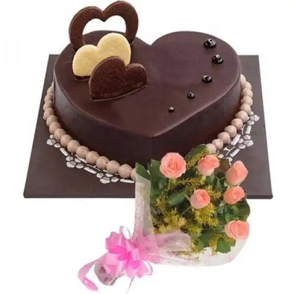 Hearty Chocolate Cake Pink Bouquet