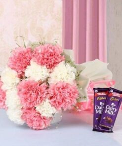 Pink White Carnations with Dairy Milk