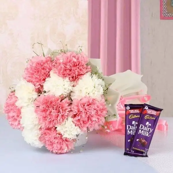 Pink White Carnations with Dairy Milk