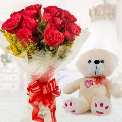 red bouquet with teddy