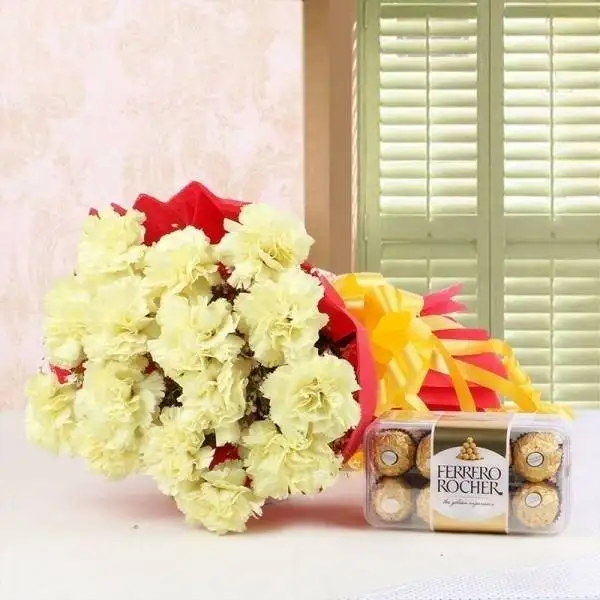 Pack of 16 ferrero Rochers & Yellow Carnations Bouquet