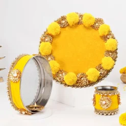 Pooja Thaal Set Decorated with Yellow Pompom