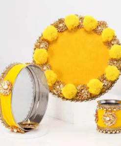 Pooja Thaal Set Decorated with Yellow Pompom