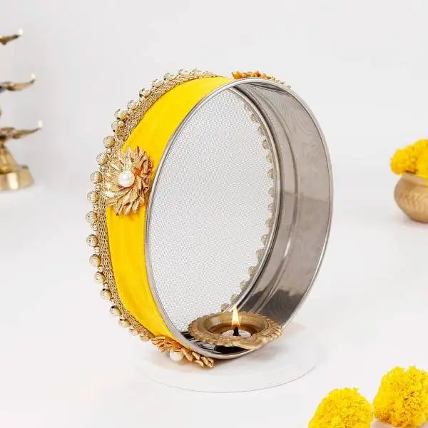 Pooja Thaal Set Decorated with Yellow Pompom