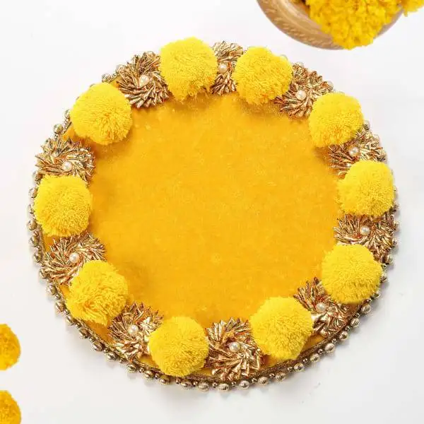 Pooja Thaal Set Decorated with Yellow Pompom